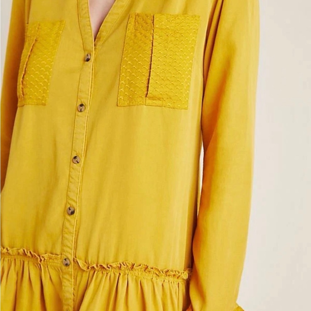 Anthropologie Maeve Marlie Long Sleeve Button Front Tunic Dress Sz 2 Mustard - Picture 5 of 8